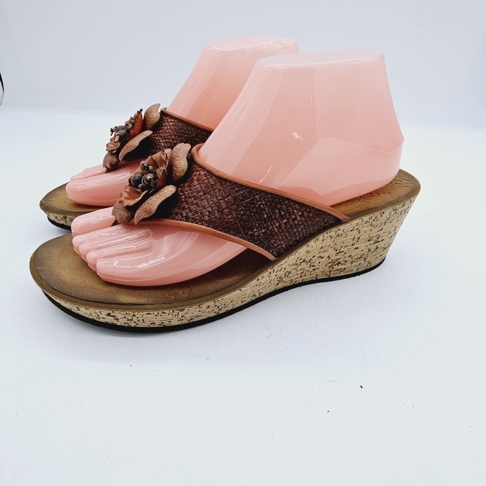 Clarks Brown Raffia Flower Mimmey Claire Cork Wedge Slide Thong Sandals Size 8M - Picture 11 of 11